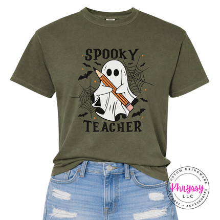 Sage tee with the Spooky Teacher ghost with pencil graphic