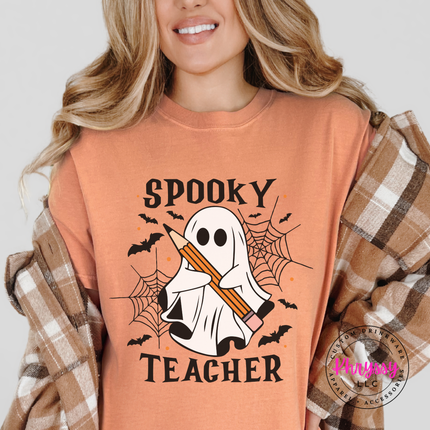 Terracotta tee featuring a friendly ghost and spooky teacher text design.