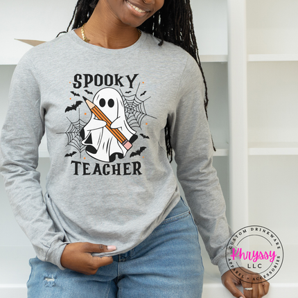 Athletic Heather long sleeve tee with the Spooky Teacher ghost with pencil graphic