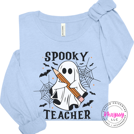 Baby Blue long sleeve tee with the cute Halloween teacher ghost design