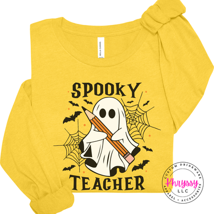 Heather Yellow Gold long sleeve tee with the Halloween classroom ghost teacher graphic