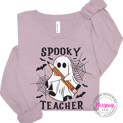Lavender Blue long sleeve tee with the Spooky Teacher ghost with pencil graphic