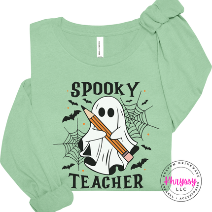 Mint long sleeve tee with the Halloween classroom ghost teacher graphic