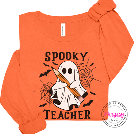 Orange colored top with a hand-illustrated spooky teacher Halloween print.