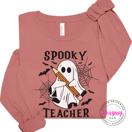 Mauve long sleeve tee with the spooky teacher bats and spider web print