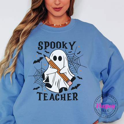 Carolina Blue crewneck sweatshirt with the cute Halloween teacher ghost design