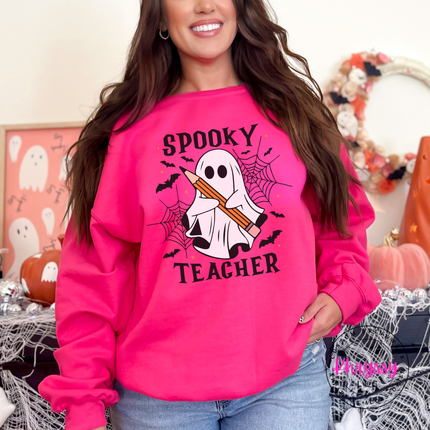 Heliconia crewneck sweatshirt with the Halloween classroom ghost teacher graphic