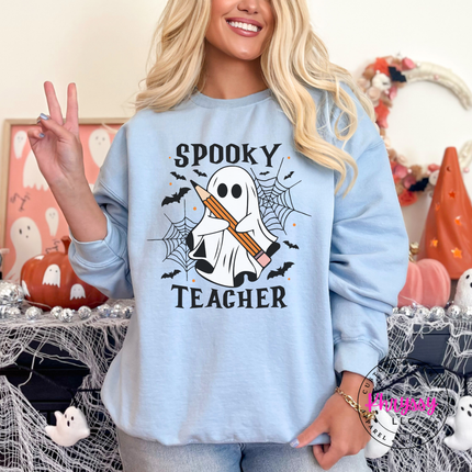 Light blue colored crewneck sweatshirt featuring a friendly ghost Halloween design.