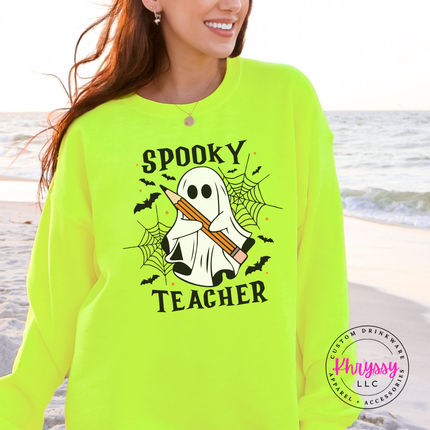 Safety Green crewneck sweatshirt with the Halloween classroom ghost teacher graphic