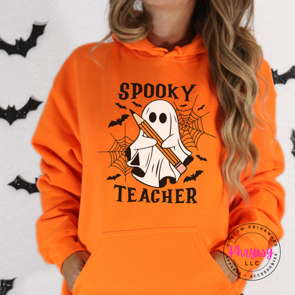 Orange colored hoodie featuring a friendly ghost Halloween design.