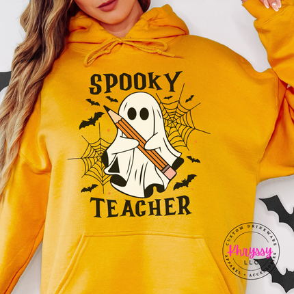 Gold hoodie with the Halloween classroom ghost teacher graphic
