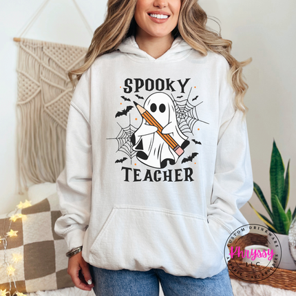 White pullover hoodie with a spooky teacher ghost and pencil illustration.