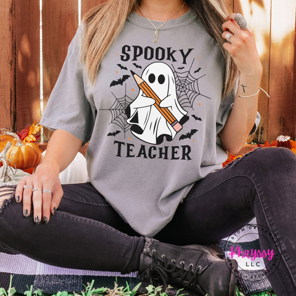 Gray tee with the Halloween classroom ghost teacher graphic