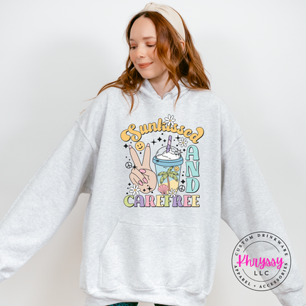 Ash pullover hoodie with a pastel Sunkissed and Carefree retro summer graphic.