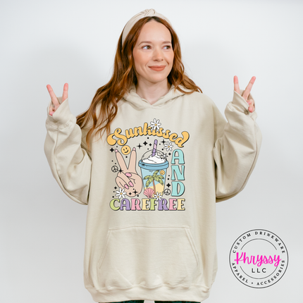 Sand pullover hoodie with a pastel peace-sign and palm Sunkissed graphic.