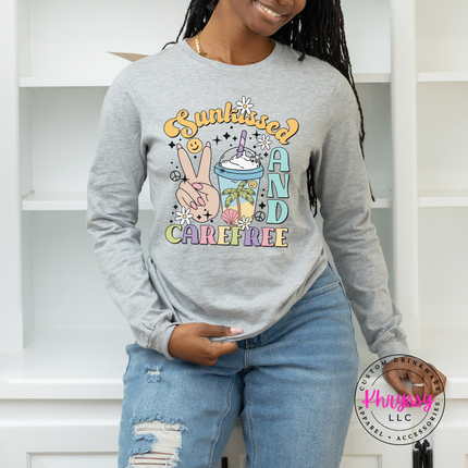 Athletic Heather long sleeve tee featuring a groovy pastel Sunkissed and Carefree design.