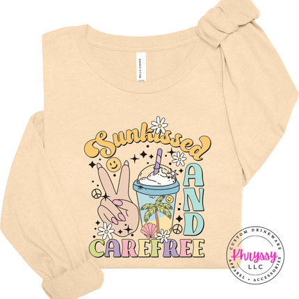 Soft Cream long sleeve tee with a pastel peace-sign and palm Sunkissed graphic.