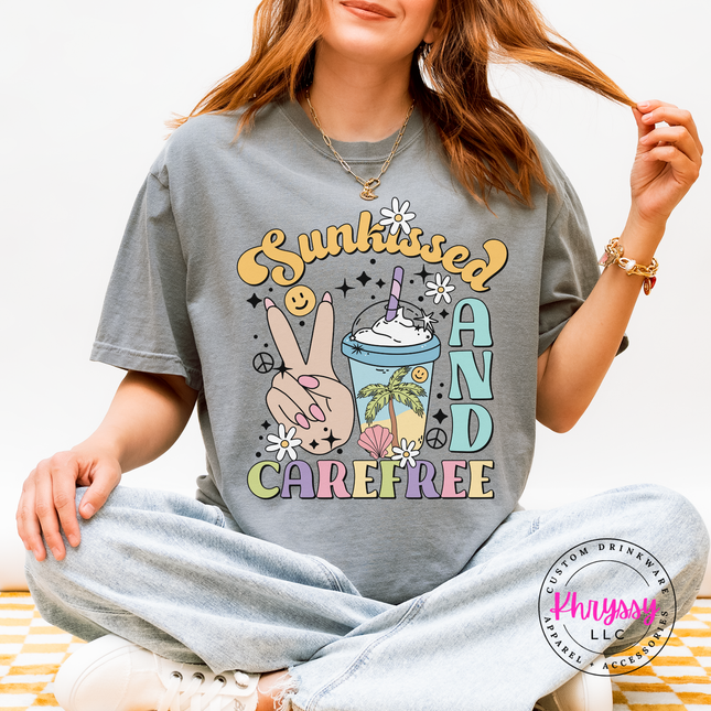 Granite garment-dyed tee with a pastel Sunkissed and Carefree retro summer graphic.