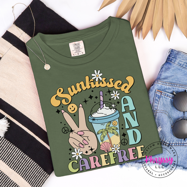 Hemp garment-dyed tee featuring a groovy pastel Sunkissed and Carefree design.