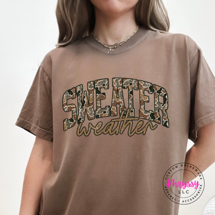 Espresso tee featuring camo leopard Sweater Weather lettering.