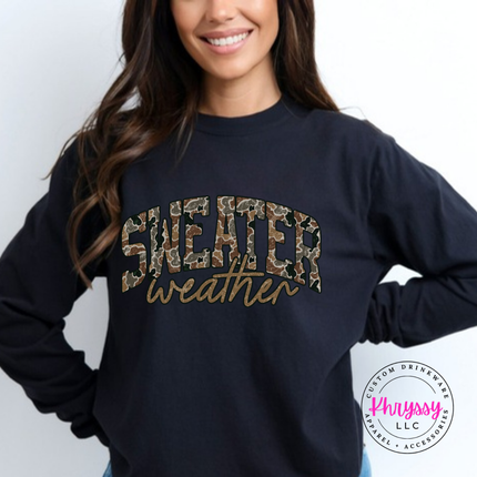 Black long sleeve tee featuring camo leopard Sweater Weather lettering.