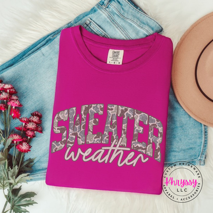 Close up of the Sweater Weather art on a Boysenberry long sleeve tee.