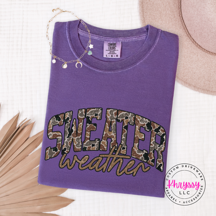 Close up of the Sweater Weather art on a Grape long sleeve tee.