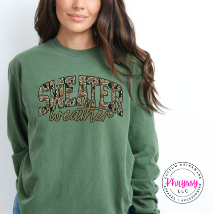 Hemp long sleeve tee showing Sweater in camo leopard with weather script.