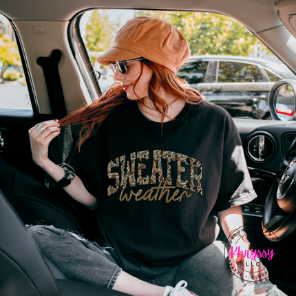 Black tee featuring camo leopard Sweater Weather lettering.