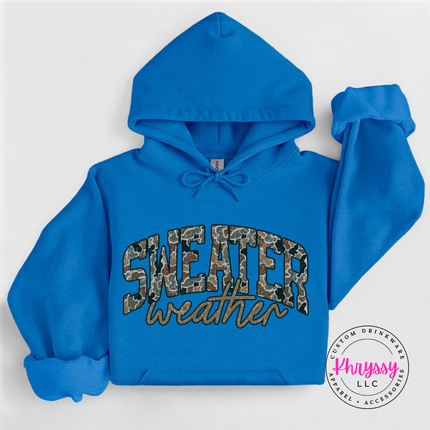 Antique Sapphire hoodie featuring camo leopard Sweater Weather lettering.
