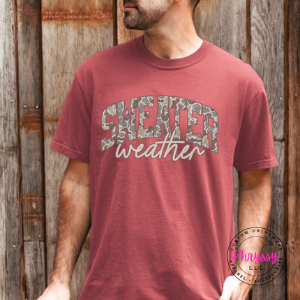 Crimson tee showing Sweater in camo leopard with weather script.