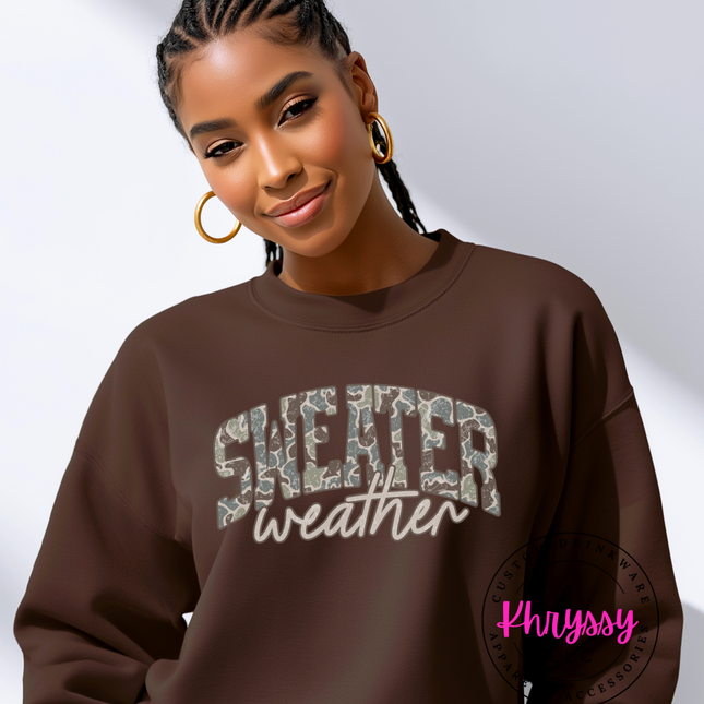 Sweater Weather Camo Script Design — Cozy Seasonal Graphic — Custom Print Ready