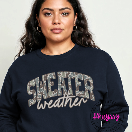 Sweater Weather Camo Script Design — Cozy Seasonal Graphic — Custom Print Ready