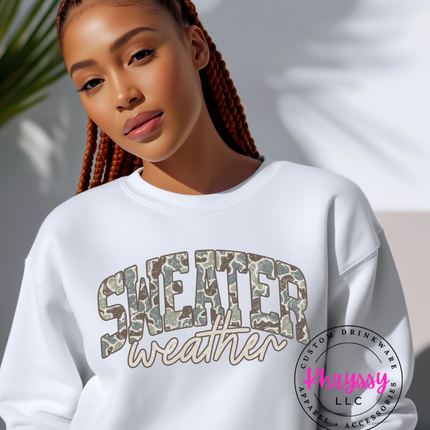 Sweater Weather Camo Script Design — Cozy Seasonal Graphic — Custom Print Ready