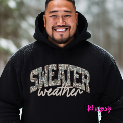 Sweater Weather Camo Script Design — Cozy Seasonal Graphic — Custom Print Ready