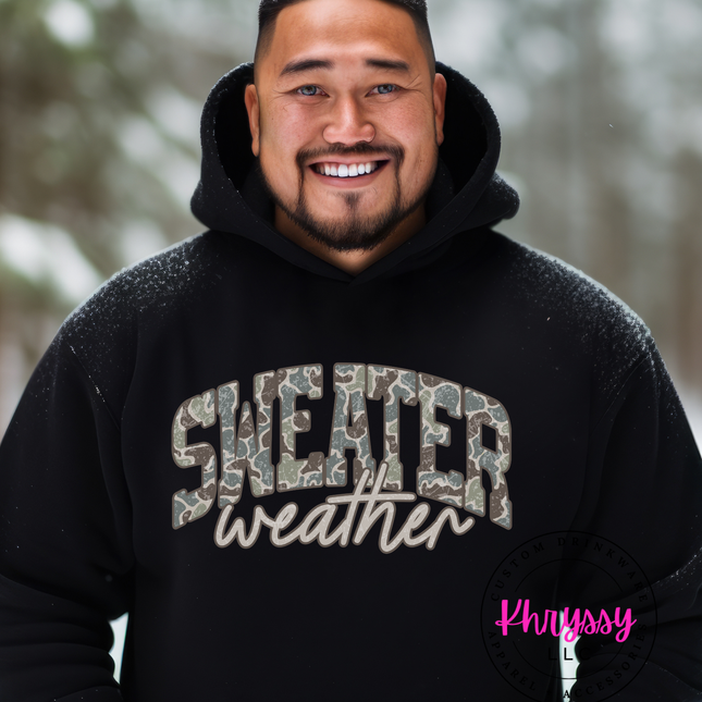 Sweater Weather Camo Script Design — Cozy Seasonal Graphic — Custom Print Ready