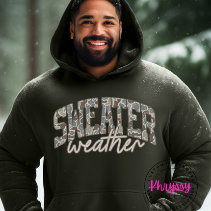 Sweater Weather Camo Script Design — Cozy Seasonal Graphic — Custom Print Ready