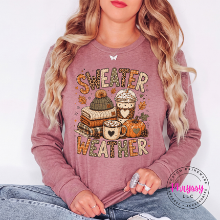 Heather Mauve long sleeve tee showing a sweater weather graphic with pumpkins and coffee