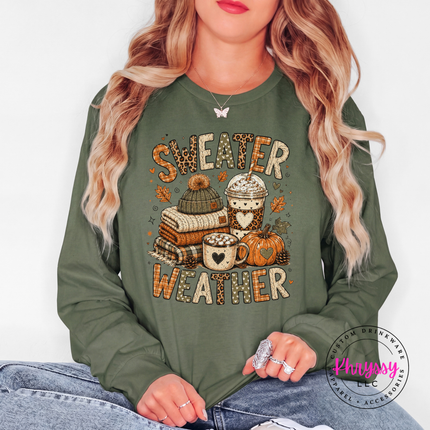Military Green long sleeve tee with the autumn sweater weather books and latte design