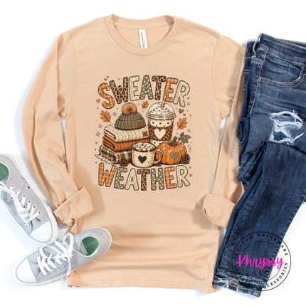 Sand Dune long sleeve tee printed with a sweater weather coffee and books graphic
