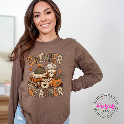 Heather Brown long sleeve tee with the cozy autumn sweater weather design