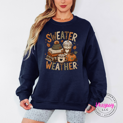 navy crewneck sweatshirt featuring the cozy sweater weather pumpkin and coffee graphic