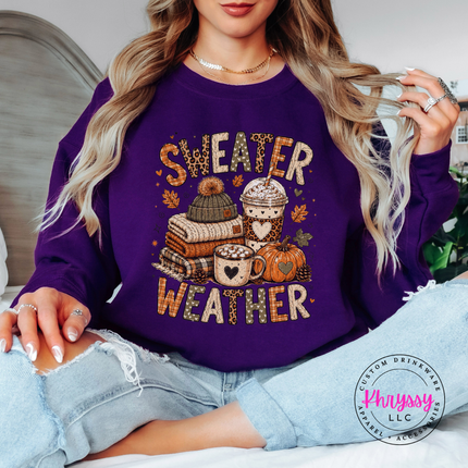 Purple crewneck sweatshirt with the autumn sweater weather design