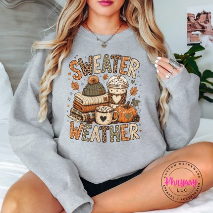 Sport Grey crewneck sweatshirt styled flat with the cozy sweater weather design