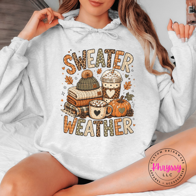 Ash hoodie with the cozy sweater weather fall graphic