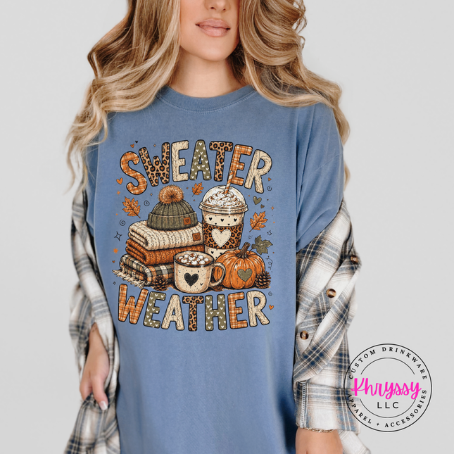 Blue Jean tee printed with the autumn sweater weather fall graphic
