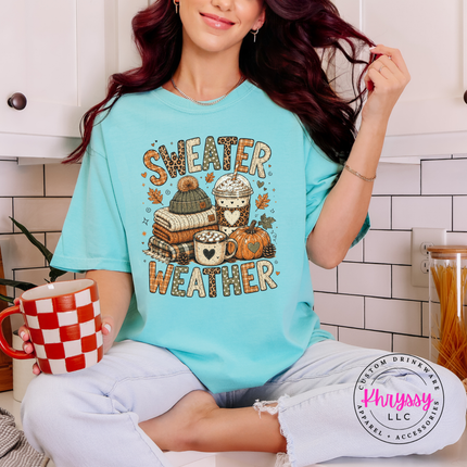 Chalky Mint tee with a sweater weather books, latte and pumpkin design