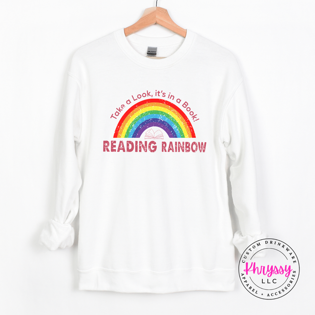 White heavyweight crewneck with a colorful rainbow book-lover graphic.