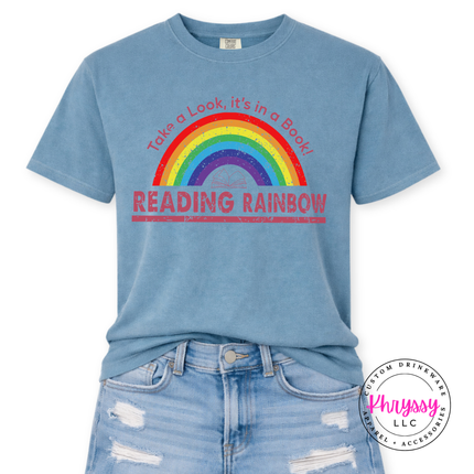 Ice blue reading teacher tee with take a look it's in a book art.
