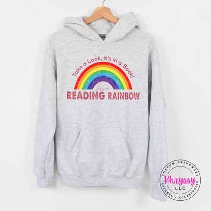 Ash gray reading teacher hoodie with a retro rainbow book design.